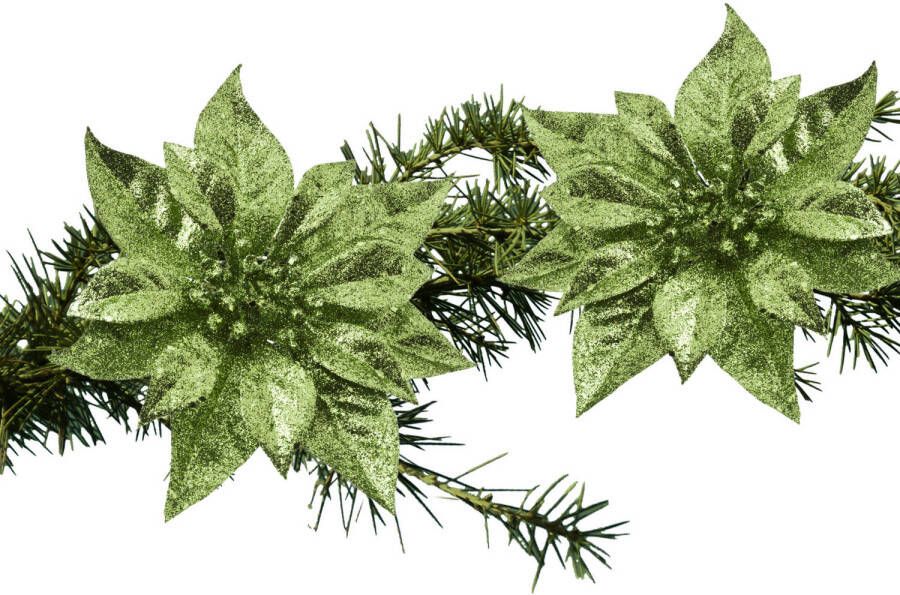 Cosy & Trendy 2x stuks kerstboom decoratie bloemen groen glitter op clip 18 cm Kersthangers