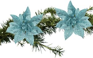 Shoppartners 2x Stuks Kerstboom Decoratie Bloemen Ijsblauw Glitter Op Clip 15 Cm Kunstbloemen