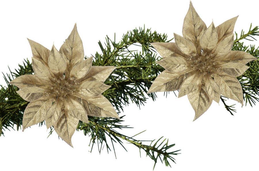 Cosy and Trendy 2x stuks kerstboom decoratie bloemen kerstster goud glitter op clip 18 cm Kunstbloemen