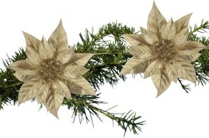 Shoppartners 2x stuks kerstboom decoratie bloemen kerstster goud glitter op clip 18 cm Kunstbloemen