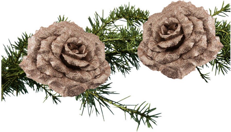 Cosy and Trendy 2x stuks kerstboom decoratie bloemen op clip champagne glitter 18 cm Kunstbloemen
