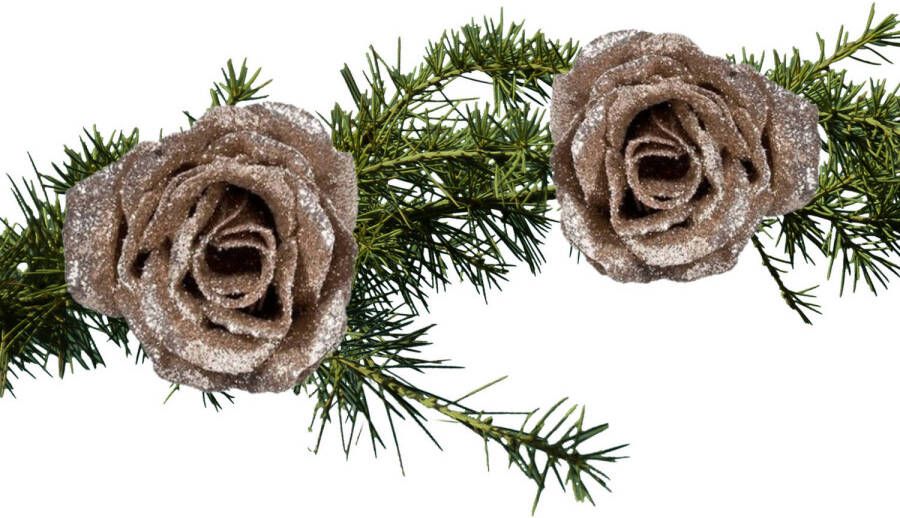 Cosy and Trendy 2x stuks kerstboom decoratie bloemen op clip champagne glitter 7 cm Kunstbloemen