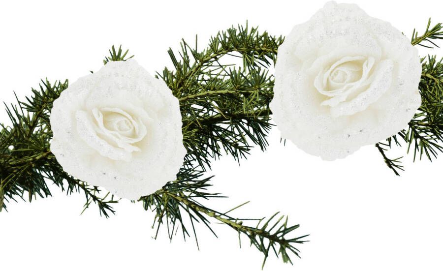 Cosy and Trendy 2x stuks kerstboom decoratie bloemen roos wit glitter op clip 18 cm Kunstbloemen