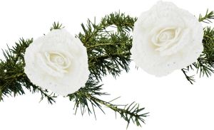 Shoppartners 2x Stuks Kerstboom Decoratie Bloemen Roos Wit Glitter Op Clip 18 Cm Kunstbloemen