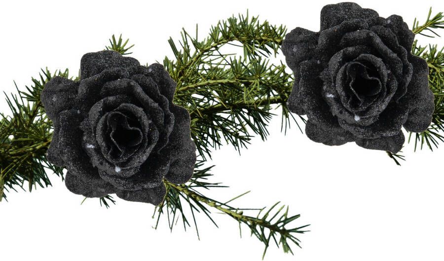 Cosy and Trendy 2x stuks kerstboom decoratie bloemen roos zwart glitter op clip 10 cm Kunstbloemen