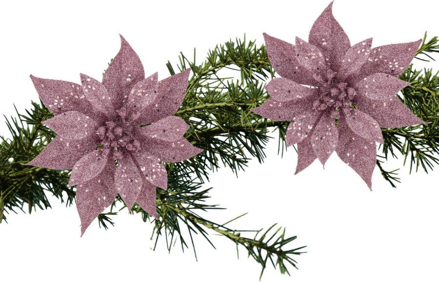 Cosy and Trendy 2x stuks kerstboom decoratie bloemen roze glitter op clip 18 cm Kunstbloemen
