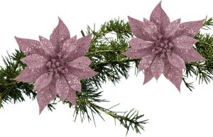 Shoppartners 2x Stuks Kerstboom Decoratie Bloemen Roze Glitter Op Clip 18 Cm Kunstbloemen