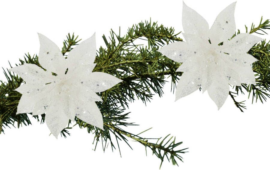 Cosy and Trendy 2x stuks kerstboom decoratie bloemen wit glitter op clip 15 cm Kunstbloemen