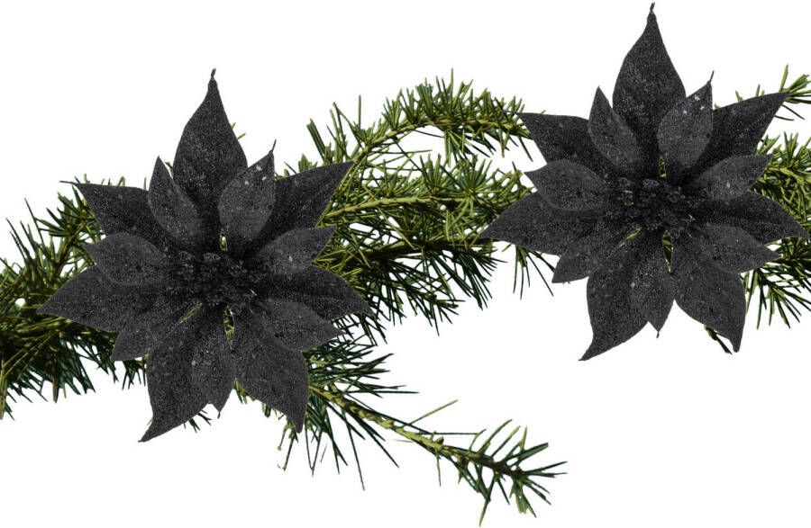 Cosy and Trendy 2x stuks kerstboom decoratie bloemen zwart glitter op clip 18 cm Kunstbloemen