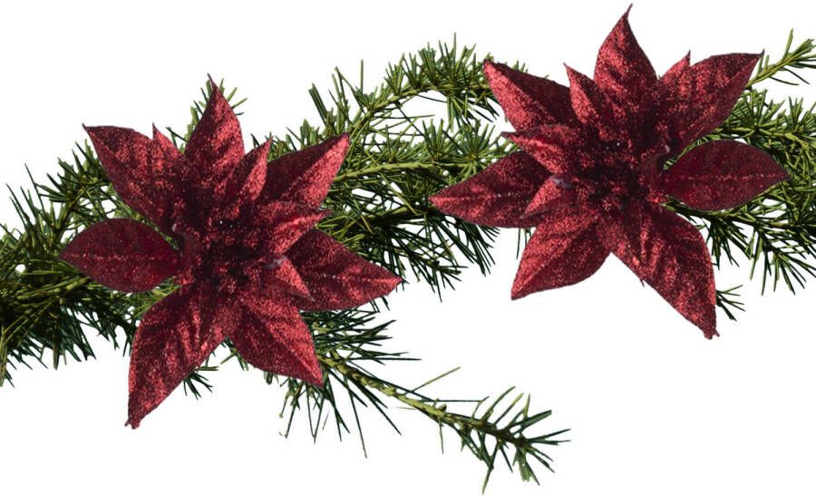 Cosy and Trendy 2x stuks kerstboom decoratie glitter bloemen op clip 8 cm Kunstbloemen