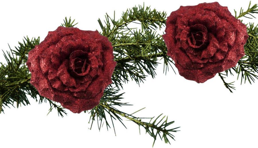 Cosy and Trendy 2x stuks kerstboomversiering bloem op clip rode glitter roos 18 cm Kunstbloemen