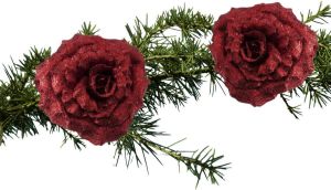 Shoppartners 2x Stuks Kerstboomversiering Bloem Op Clip Rode Glitter Roos 18 Cm Kunstbloemen