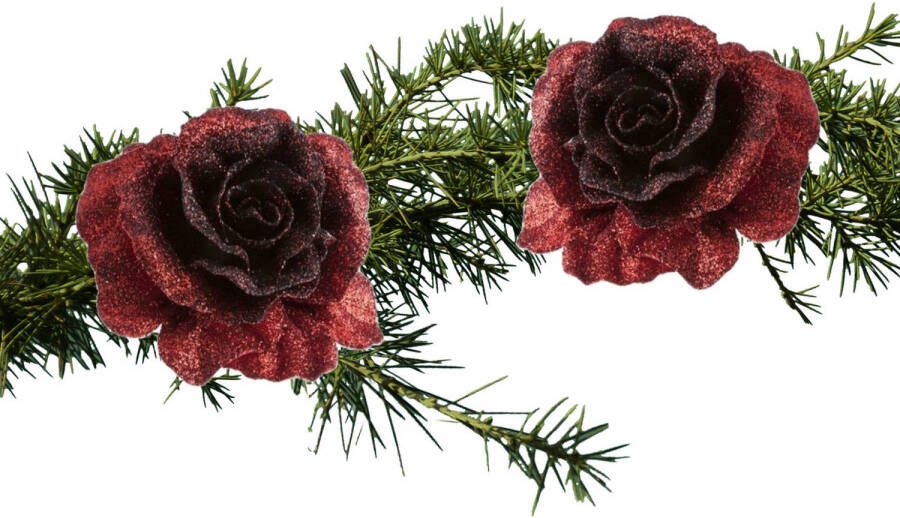 Cosy and Trendy 2x stuks kerstboomversiering bloemen op clip donkerrood glitter 10 cm Kunstbloemen