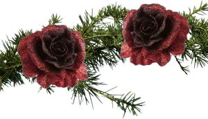 Shoppartners 2x stuks kerstboomversiering bloemen op clip donkerrood glitter 10 cm Kunstbloemen