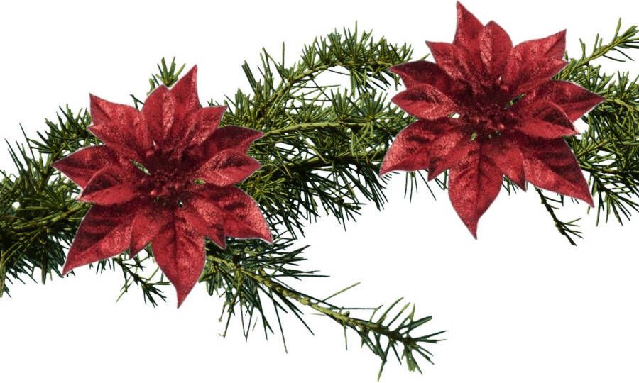 Cosy and Trendy 2x stuks kerstboomversiering bloemen op clip rode kerstster 18 cm Kunstbloemen
