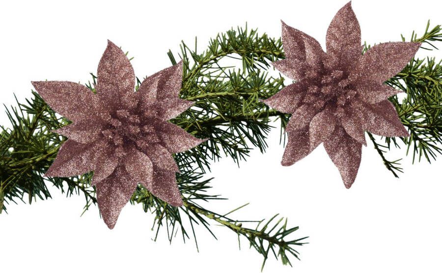 Cosy and Trendy 2x stuks kerstboomversiering op clip donker beige glitter bloem 15 cm Kunstbloemen
