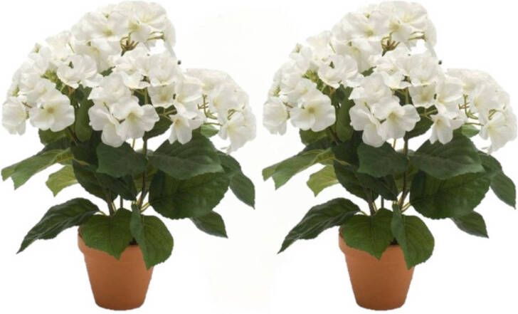 Shoppartners 2x stuks kunstplant Hortensia wit in ronde terracotta pot 40 cm Kunstplanten