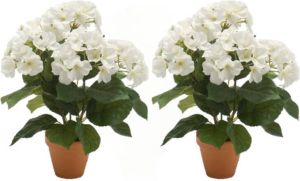 Merkloos 2x stuks kunstplant Hortensia wit in terracotta pot 40 cm Kamerplant witte Hortensia Kunstplanten