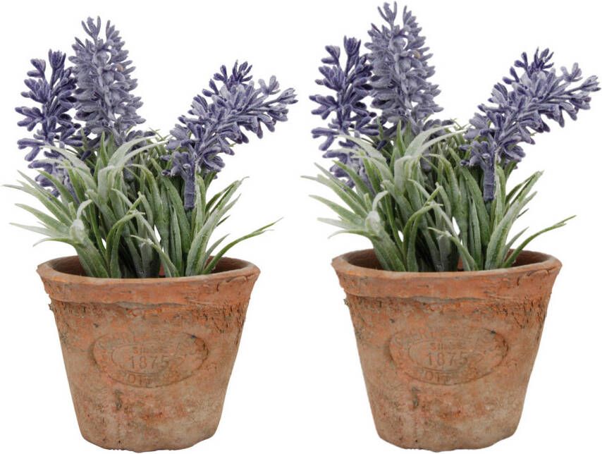 True to Nature 2x stuks kunstplanten lavendel in terracotta pot 15 cm Kunstplanten
