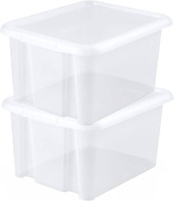 EDA 2x stuks kunststof opbergboxen opbergdozen wit transparant L44 x B36 x H25 cm stapelbaar Voorraad opberg boxen bakken met deksel Opbergbox