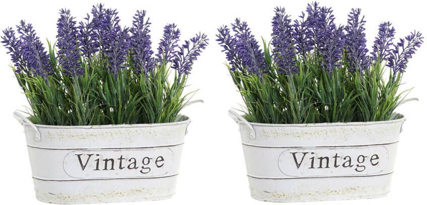 Items 2x stuks lavendel kunstplanten kamerplanten in metalen emmer wit 20 cm Kunstplanten
