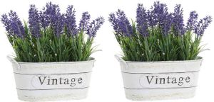 Items 2x stuks lavendel kunstplanten kamerplanten in metalen emmer wit H20 cm x D18 cm Kunstplanten nepplanten Kunstplanten