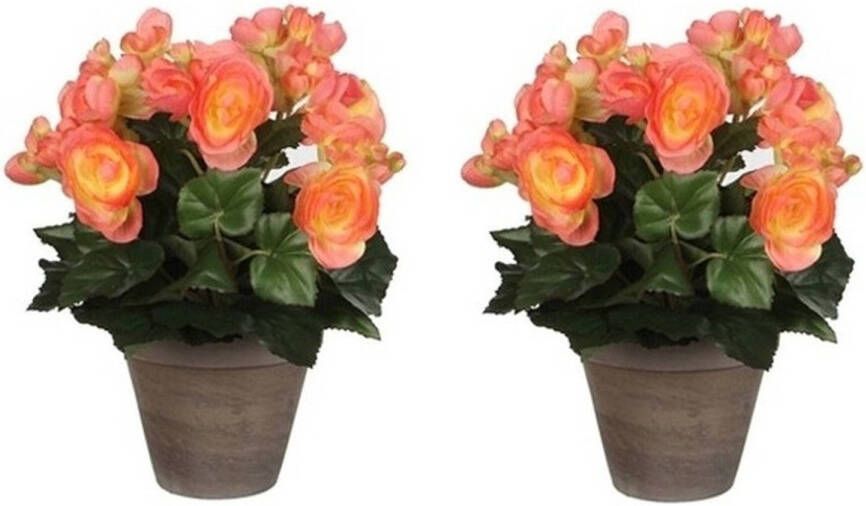 Shoppartners 2x Zalmroze Begonia kunstplanten 30 cm in grijze pot Kunstplanten nepplanten Kunstplanten