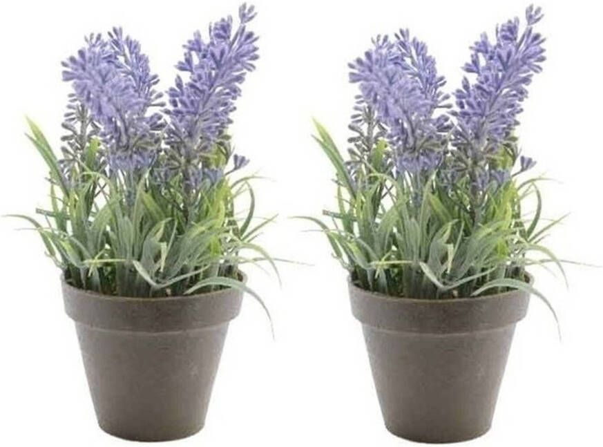 Shoppartners 2xGroen paarse Lavendula lavendel kunstplant 17 cm in zwarte pot Kunstplanten