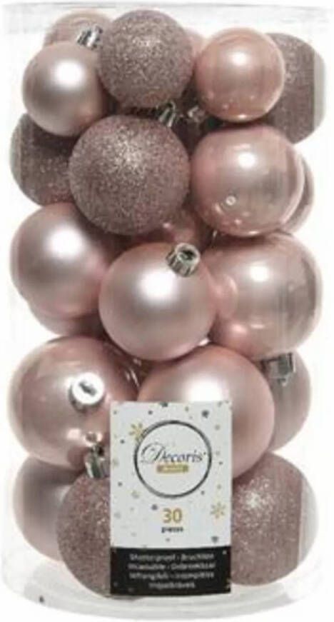 Decoris 30x stuks kunststof kerstballen 4 5 6 cm lichtroze Kerstbal