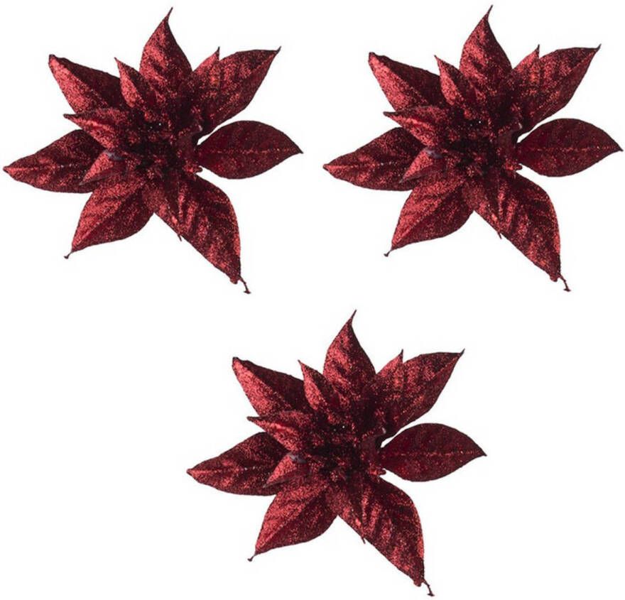 Cosy and Trendy 3x Donkerrode decoratie glitter bloemen op clip 8 cm Kersthangers