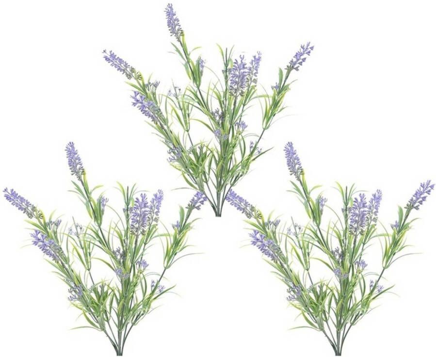 Merkloos 3x Groene lilapaarse Lavandula lavendel kunstplanten 44 cm bundel bosje Kunstplanten