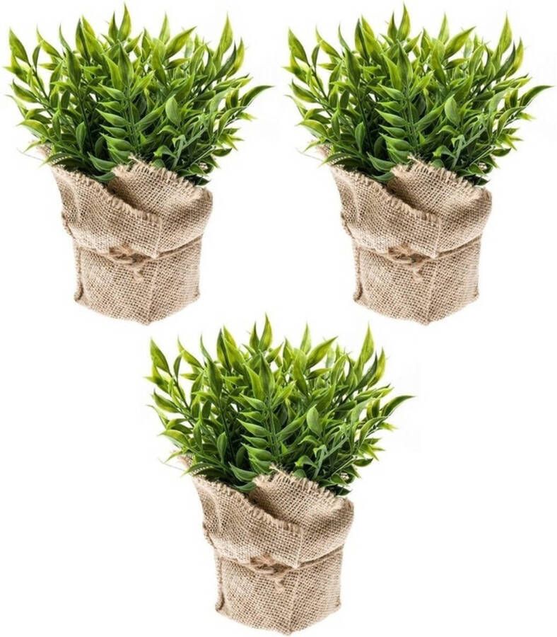 Shoppartners 3x Kunstplanten muizendoorn kruiden groen in jute pot 20 cm Kunstplanten