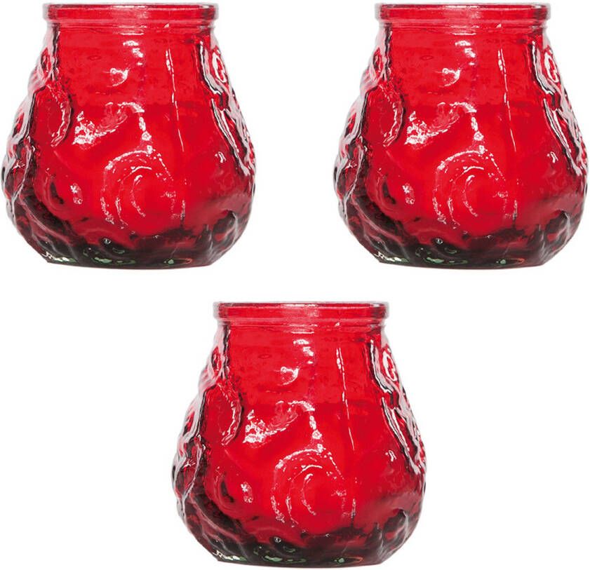 Cosy and Trendy 3x Rode tafelkaarsen in glazen houders 7 cm brandduur 17 uur Waxinelichtjes