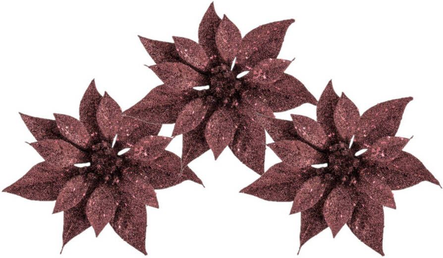Cosy & Trendy 3x stuks decoratie bloemen kerstster donkerrood glitter op clip 18 cm Kunstbloemen