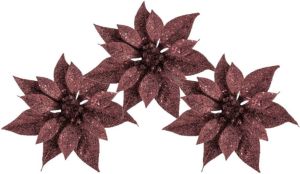 Cosy @ Home 3x stuks decoratie bloemen kerststerren donkerrood glitter op clip 18 cm Decoratiebloemen kerstboomversiering Kunstbloemen