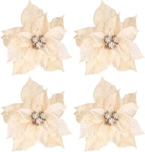 Shoppartners 4x stuks decoratie bloemen kerstster creme wit op clip 18 cm Kunstbloemen