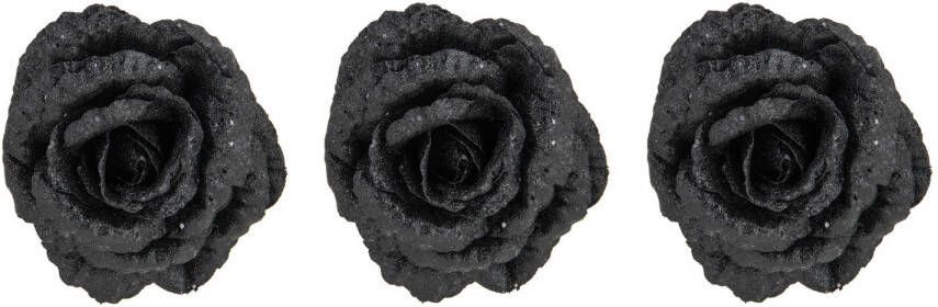 Cosy and Trendy 4x stuks decoratie bloemen roos zwart glitter op clip 18 cm Kunstbloemen