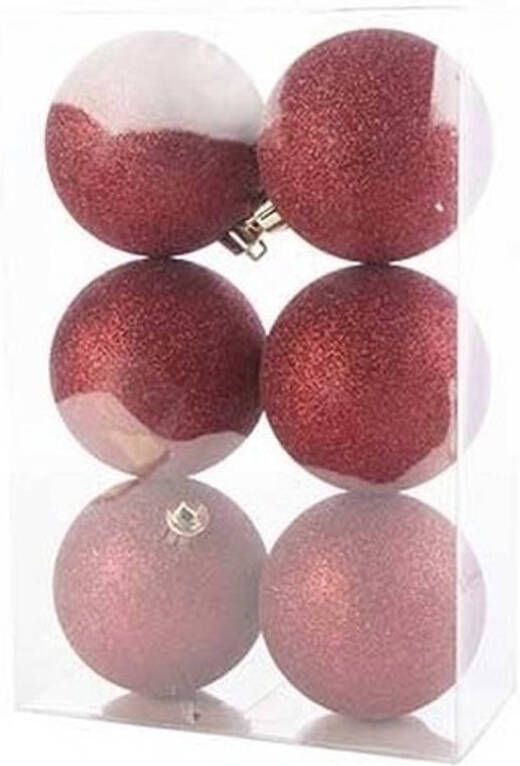 Cosy and Trendy 6x Donkerrode kunststof kerstballen 8 cm Glitter Onbreekbare plastic kerstballen Kerstboomversiering donkerrood