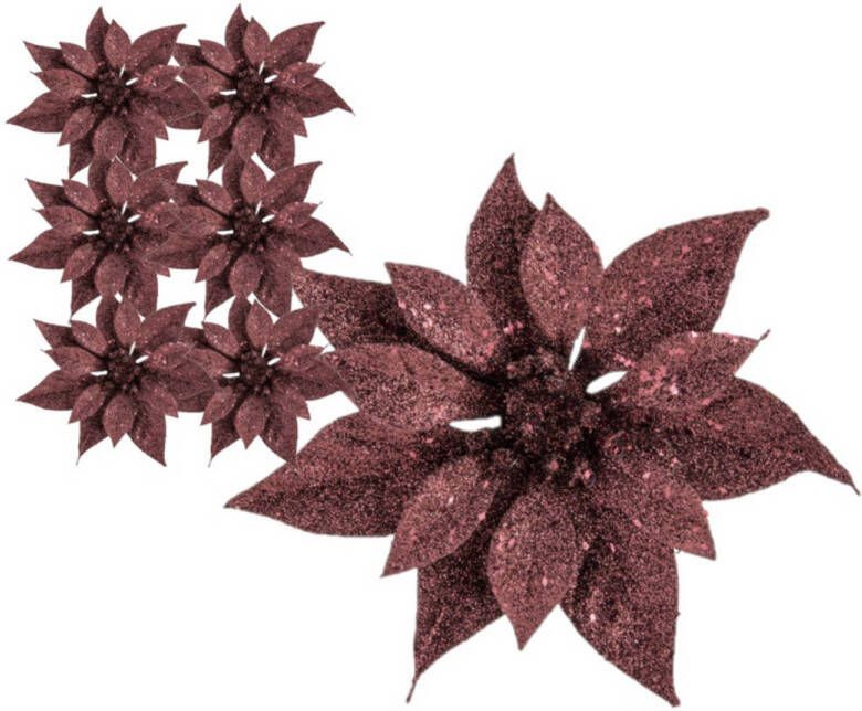 Cosy & Trendy 6x stuks decoratie bloemen kerstster donkerrood glitter op clip 18 cm Kunstbloemen