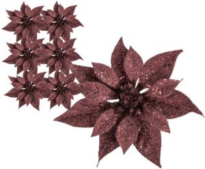 Cosy @ Home 6x stuks decoratie bloemen kerststerren donkerrood glitter op clip 18 cm Decoratiebloemen kerstboomversiering Kunstbloemen