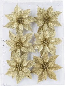 Shoppartners 6x stuks decoratie bloemen rozen goud glitter op ijzerdraad 8 cm Kunstbloemen