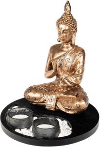 Shoppartners Boeddha beeld met waxinelichthouders goud zwart voor binnen 20 cm Beeldjes