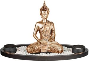 Concorde Boeddha beeld met waxinelichthouders goud 33 cm Boeddha beeldjes voor binnen gebruik Beeldjes