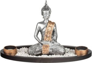 Concorde Boeddha beeld met waxinelichthouders zilver 33 cm Boeddha beeldjes voor binnen gebruik Beeldjes