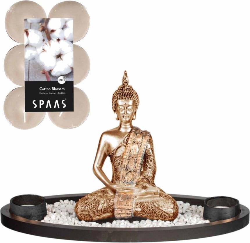 Shoppartners Boeddha beeld voor binnen 33 cm met 12x geurkaarsen Cotton Blossom Buddha beeldje met theelichtjes waxinelichtjes