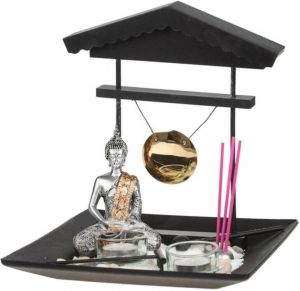 Concorde Boeddha zen tuin met waxinelichthouders zilver 24 cm Boeddha beeldjes voor binnen gebruik Beeldjes