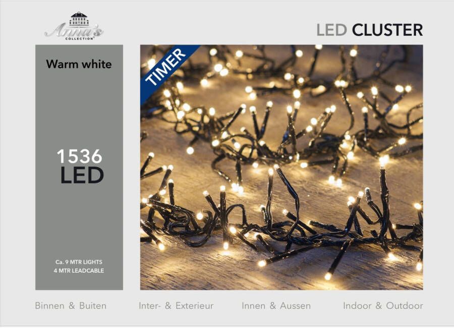 Anna's Collection Kerstverlichting clusterverlichting met timer en dimmer 1536 lampjes warm wit 9 mtr Voor binnen en buiten gebruik Kerstverlichting kerstboom