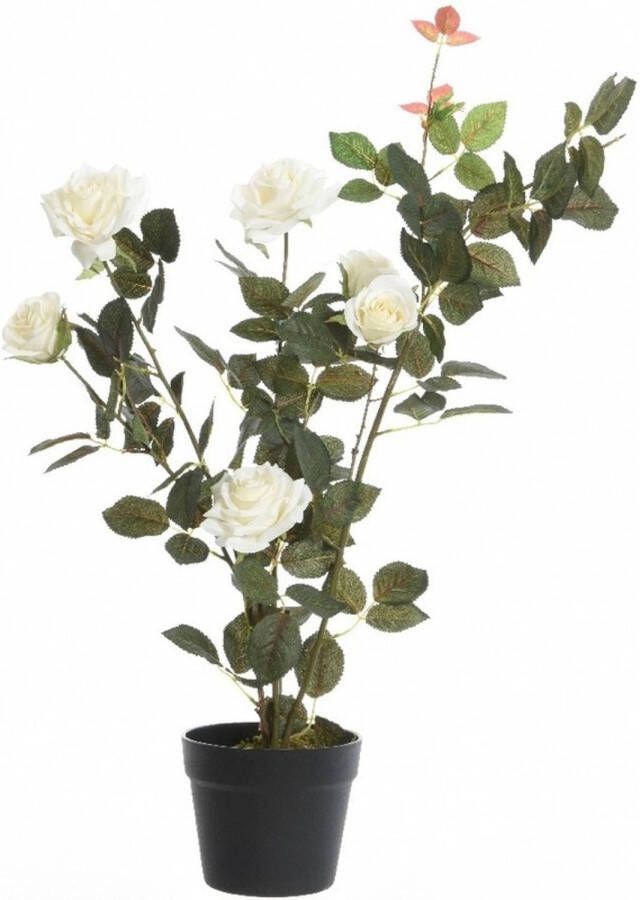 Shoppartners Groene witte Rosa rozenstruik kunstplant 80 cm in zwarte plastic pot Kunstplanten nepplanten Kunstplanten