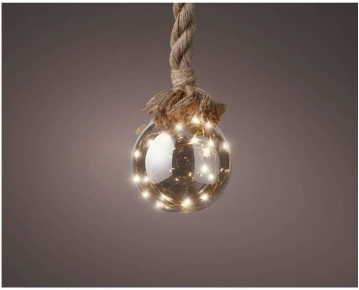 Lumineo 1x stuks verlichte glazen kerstballen aan touw met 15 lampjes zilver warm wit 10 cm diameter kerstverlichting figuur