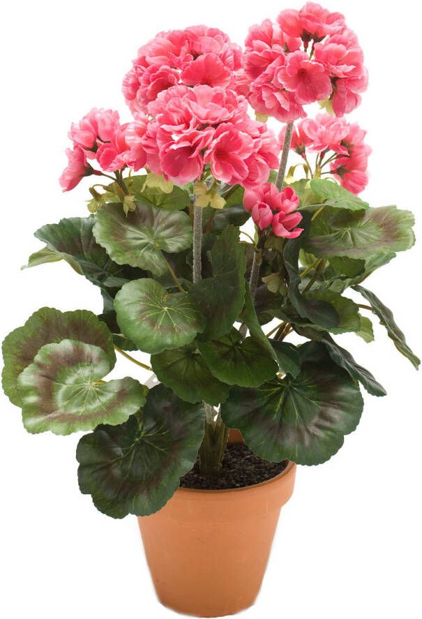 Shoppartners Kunstbloemen kunstplant roze Geranium 38 cm met 5 bloem series en groen in potje